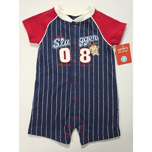 Carter's Other - Carter's Baby Boy Baseball Romper 6M Blue Red Pinstripe Snap Outfit NWT